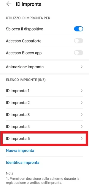 dalla schermata id impronte delle impostazioni di android, viene selezionato l'id impronta numero 5