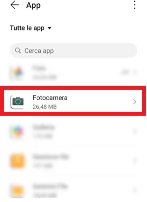 dalla schermata app, nella sezione tutte le app, l'icona della fotocamera è quella su cui premerci sopra