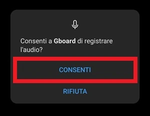 nel messaggio di richiesta di autorizzazione per consentire a gboard di registrare l'audio è selezionata la voce consenti
