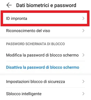 dalla schermata dati biometrici e password delle impostazioni di android, la voce id impronta è evidenziata con una cornice rossa