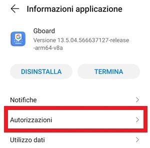 la voce autorizzazioni è evidenziata nelle informazioni applicazione della gboard