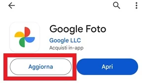 pagina di google foto nel play store da cui è visibile il pulsante apri e aggiorna di cui quest'ultimo è più evidente perché una cornice rossa intorno