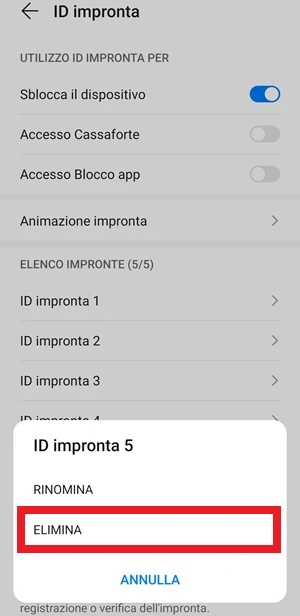 per l'id impronta numero di 5 dalla finestra che appare è stata selezionata la voce elimina