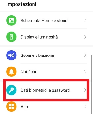 la voce dati biometrici e password è in evidenza nella pagina impostazioni di android
