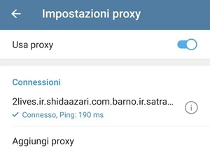 schermata impostazioni proxy di telegram con sotto la sezione connessioni indicato il nome del proxy a cui si è connessi e il suo ping