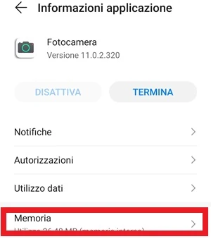 la voce memoria dalla pagina informazioni applicazione delle impostazioni del telefono è messa in evidenza
