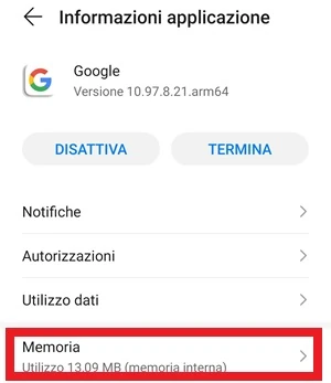da informazioni applicazione la voce memoria di Google è evidenziata con una cornice rossa intorno
