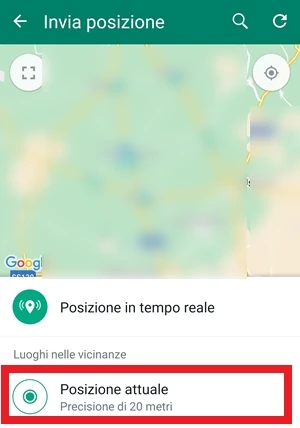 da whatsapp nella schermata per l'invio della posizione è evidenziata in rosso la voce posizione attuale