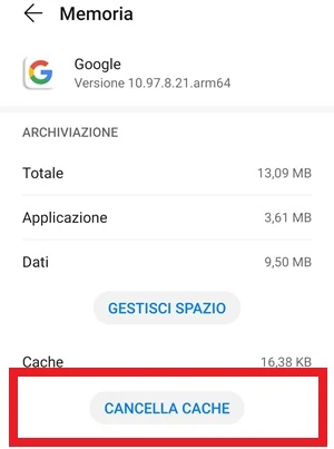 da memoria dell'app google il pulsante con scritto cancella cache è evidenziato con una cornice rossa