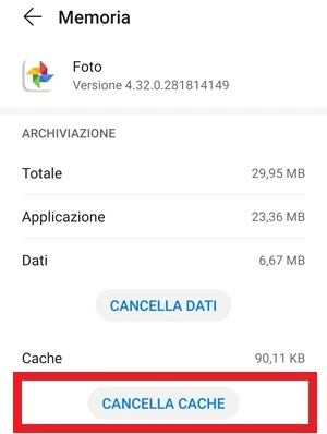 il pulsante cancella cache è messo in evidenza nella schermata memoria di foto