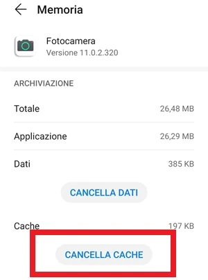 il pulsante cancella cache è quello da premere nella pagina memoria dell'app fotocamera