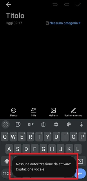 messaggio che appare nella tastiera gboard con scritto nessuna autorizzazione da attivare: digitazione vocale