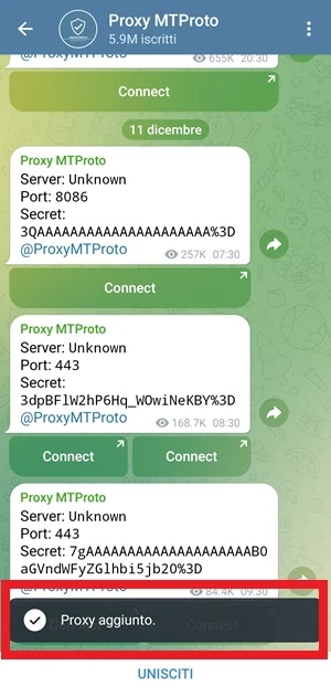 dalla chat di telegram proxy mtproto appare il messaggio che il proxy è stato aggiunto
