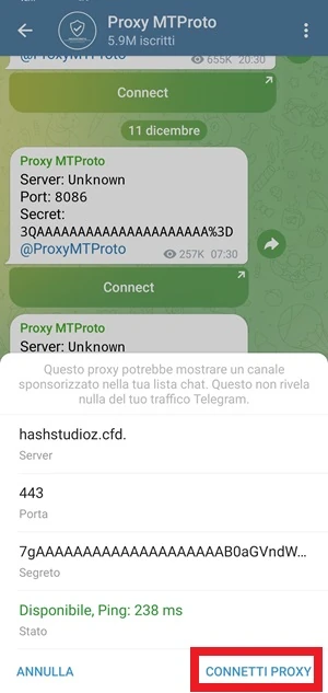 dalla chat proxy mtproto appare una finestra da cui va toccato il pulsante connetti proxy