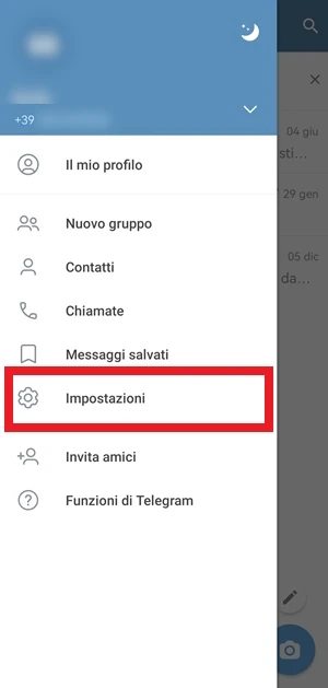 da telegram nella pagina laterale è in evidenza la voce impostazioni