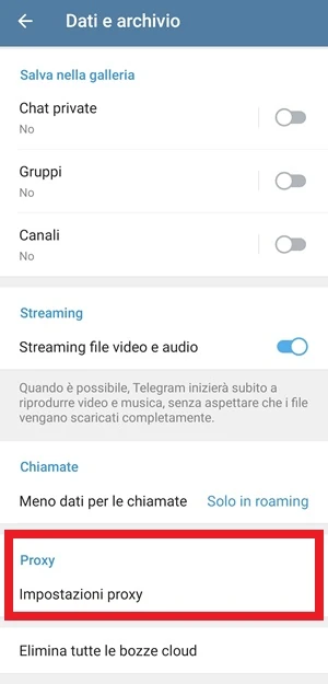 dalla schermata dati e archivio di telegram è messa in evidenza la voce proxy da cui è possibile accedere alle sue impostazioni