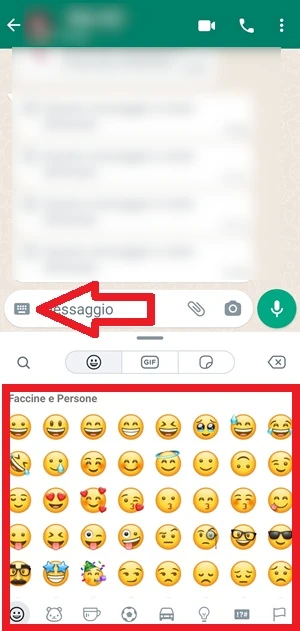 da whatsapp è evidenziato l'elenco di emoji e con una freccia è indicata l'icona della tastiera