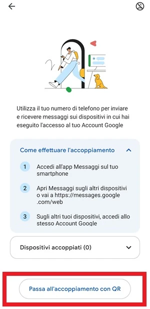 da google messaggi è in risalto il pulsante con scritto passa all'accoppiamento con qr