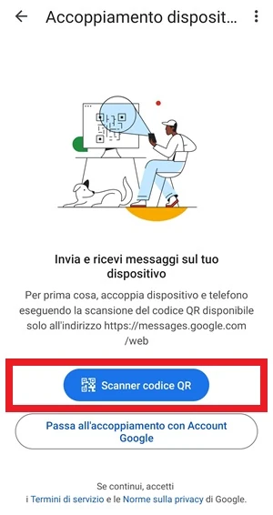 dalla pagina dell'app google messaggi accoppiamento dispositivo, è in risalto il pulsante scanner codice qr