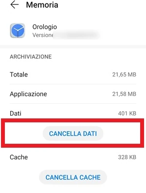 dalla pagina memoria di orologio google il pulsante cancella dati è in risalto