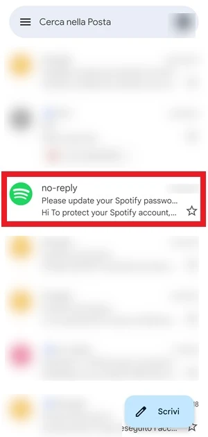 nella lista delle email ricevuta su gmail lo sfondo è sfocato e l'email di spotify è a fuoco con una cornice rossa intorno