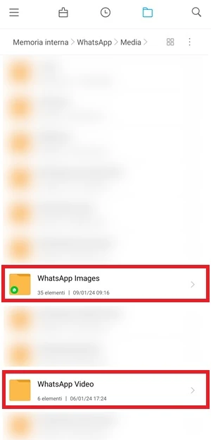 dal mi file manager, si possono vedere le cartelle di whatsapp chiamate whatsapp images e whatsapp video che sono evidenziate con una cornice rossa intorno