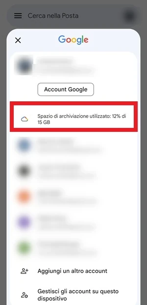 da gmail nella finestra che appare al centro schermo è inquadrato in rosso lo spazio di archiviazione che è stato già utilizzato