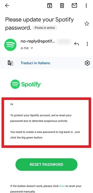 il testo del messaggio visibile su gmail è stato riportato alla sua lingua di origine che è inglese