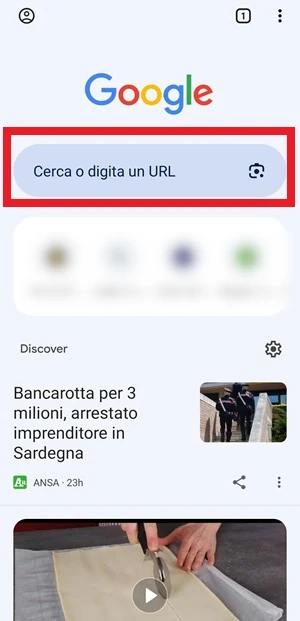 dal browser chrome nella pagina principale home, la barra di ricerca è evidenziata con una cornice rossa intorno