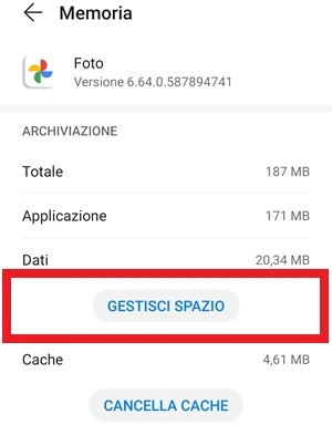 il pulsante gestisci foto è evidenziato nella schermata memoria dell'app google foto