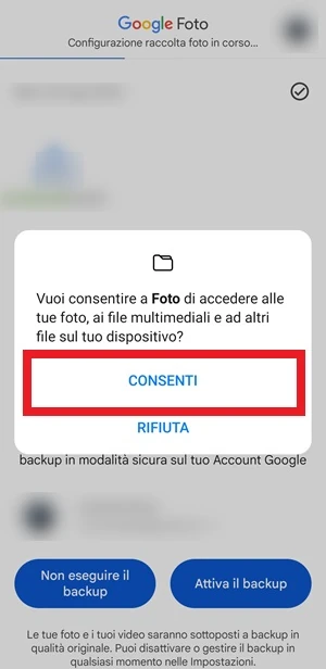 schermata dell'app google foto da cui viene dato il consenso per poter accedere alle foto e file multimediali