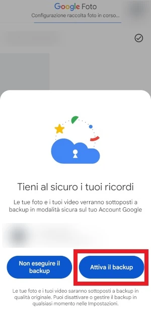 dalla pagina di google foto nella schermata "tieni al sicuro i tuoi ricordi" va premuto il pulsante con scritto attiva il backup