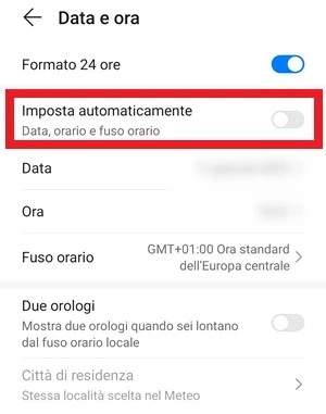 dalle impostazioni data e ora è messa in evidenza l'opzione che fa riferimento all'impostazione automatica di data, ora e fuso orario