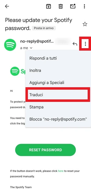 schermata dell'email di spotify con in evidenza con un riquadro l'icona con 3 punti in verticale e dal menu la voce traduci