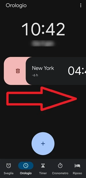 da orologio di google una freccia mostra il movimento da fare da sinistra verso destra per cancellare un orario che in questo caso è quello di new york