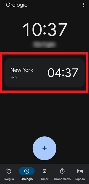 schermata orologio con l'orario di new york e orario italiano