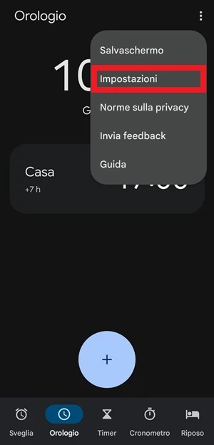 dall'app google orologio, dal menu è da premere la voce impostazioni che appare dopo aver toccato l'icona con 3 punti in verticale