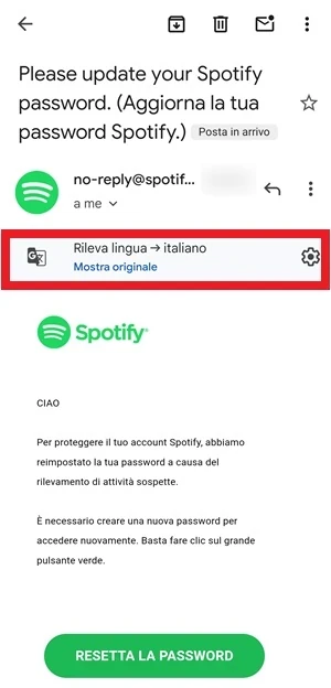 dall'email di spotify ricevuta su gmail è evidenziata la funzione di traduzione da lingua rilevata a quella italiana e da cui basta premere su mostra originale per visualizzare il testo nella sua lingua di origine