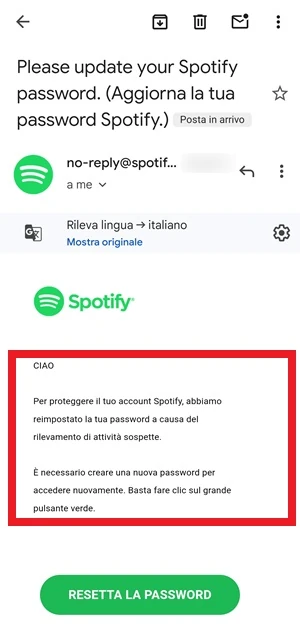email di spotify aperta su gmail e con il testo principale del messaggio in evidenza con un riquadro rosso