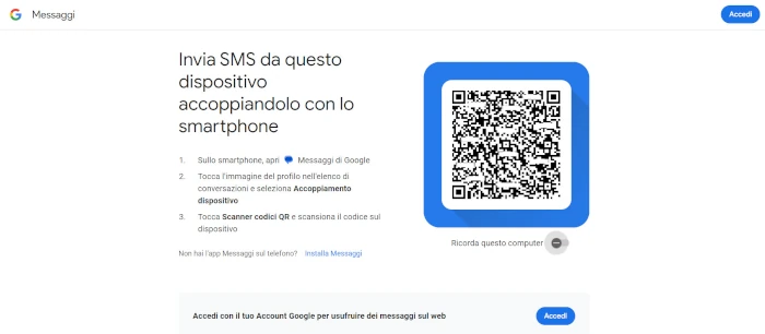 schermata web di messaggi di google con codice qr da scansionare