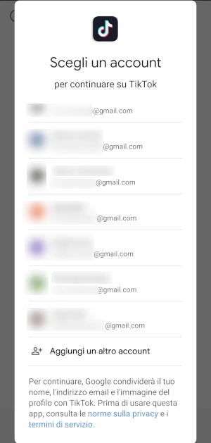 da tiktok viene chiesto all'utente di selezionare un account gmail per la registrazione