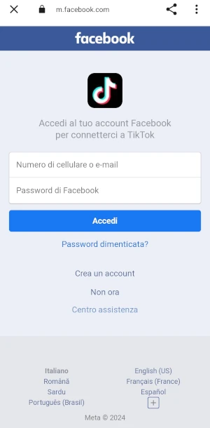 da facebook vengono richiesti i dati di accesso per la registrazione alla piattaforma tiktok