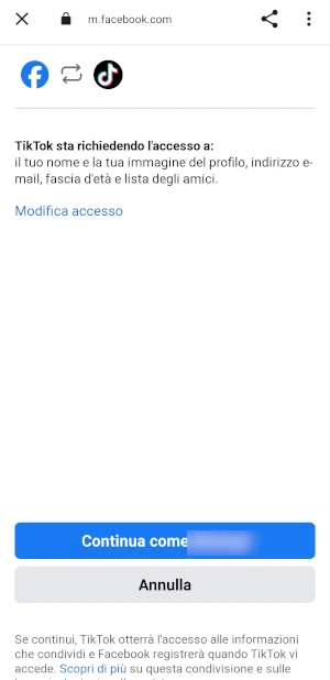 schermata di richiesta di accesso dell'app tiktok a nome, immagine profilo, email, età e amici di facebook