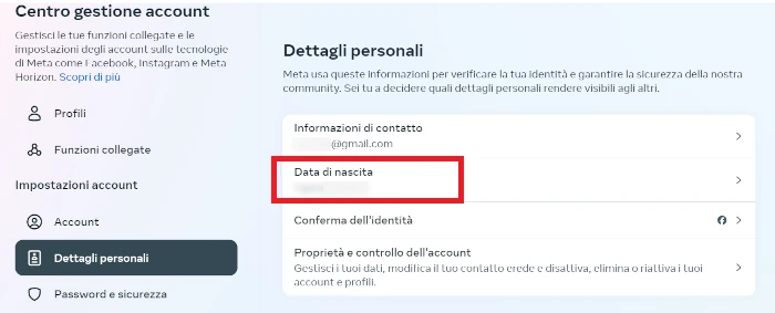 Su facebook, da gestione account su dettagli personali è presente la data di nascita