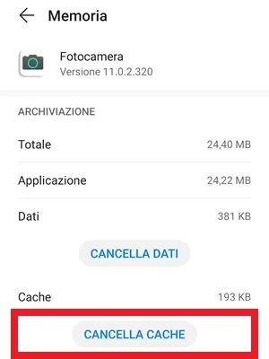 schermata memoria dell'app fotocamera da cui è possibile rimuovere la cache premendo sul pulsante per cancellarla
