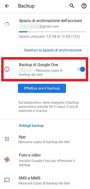 dalla sezione backup delle impostazioni di android, è attiva l'opzione backup di google one
