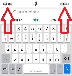 dalla microsoft swiftkey una freccia indica il testo con la lingua in origine e un'altra freccia indica la lingua in cui il testo verrà tradotto