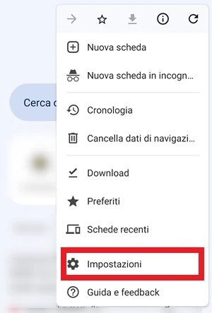 schermata di google chrome con il menu laterale a vista con la voce impostazioni in evidenza