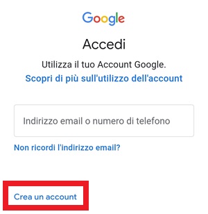 dalla schermata di accesso di google, è in evidenza la voce per creare un account nuovo