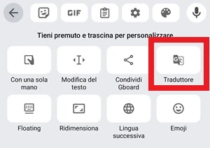 dal menu della gboard è in evidenza l'icona del traduttore 